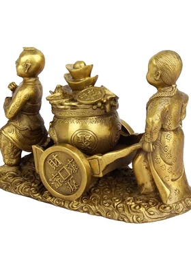 全铜推车送宝童子家居摆设