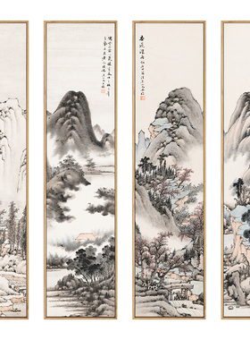 中式风工笔四联条屏茶室水墨国画