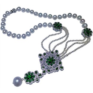 天然淡水珍珠项链耳环套装红色锆石配饰镶嵌高端大气优雅时尚包邮