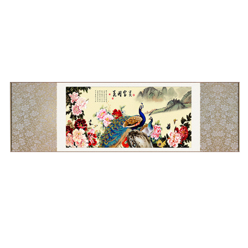 丝绸牡丹横幅花鸟画卷轴画丝绸礼品横幅花开富贵客厅字画风水挂画