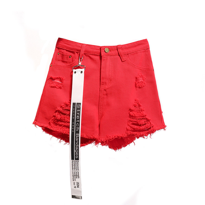红色破洞牛仔短裤女夏网红时尚百搭宽松显瘦大码高腰毛边阔腿热裤