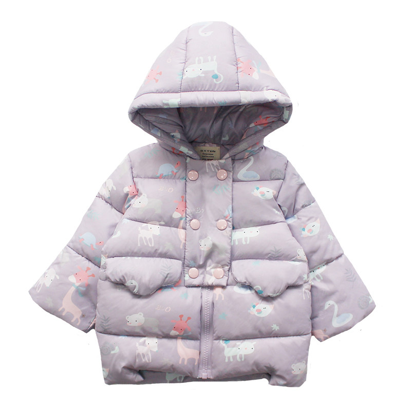 冬季新款女宝宝女童棉服印花加厚中长款可爱1-6岁冬外套