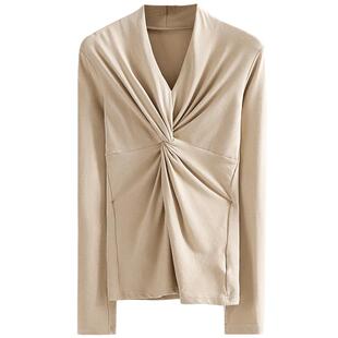 春秋季韩版V领性感小心机长袖T恤纯白领口纽结深V紧身上衣打底衫