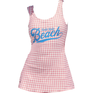 韩国ROLAROLA正品时尚温泉游泳速干格纹漏背连衣裙胸垫连体泳衣女