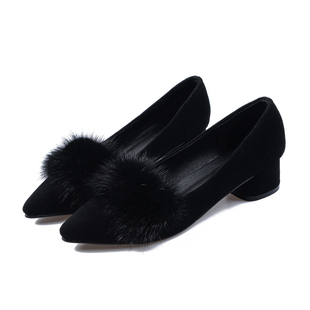 尖头毛毛鞋女豆豆鞋女冬季棉瓢鞋女加绒单鞋坡跟内增高真皮水貂毛