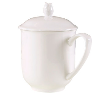 高档唐山骨瓷杯白色陶瓷杯 办公会议会务杯子带盖带托盘带手柄茶