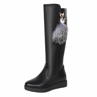 冬长筒靴加厚加绒中筒真皮平跟平底内增高高筒靴坡跟侧拉链女靴子