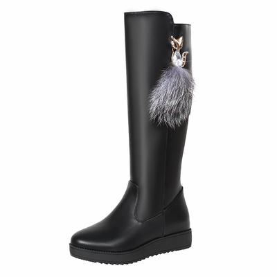 加厚加绒平跟内增高侧拉链长筒靴