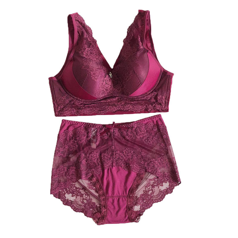 本命年大码文胸无钢圈女士背心式内衣套装酒红色聚拢胖mmC杯D杯