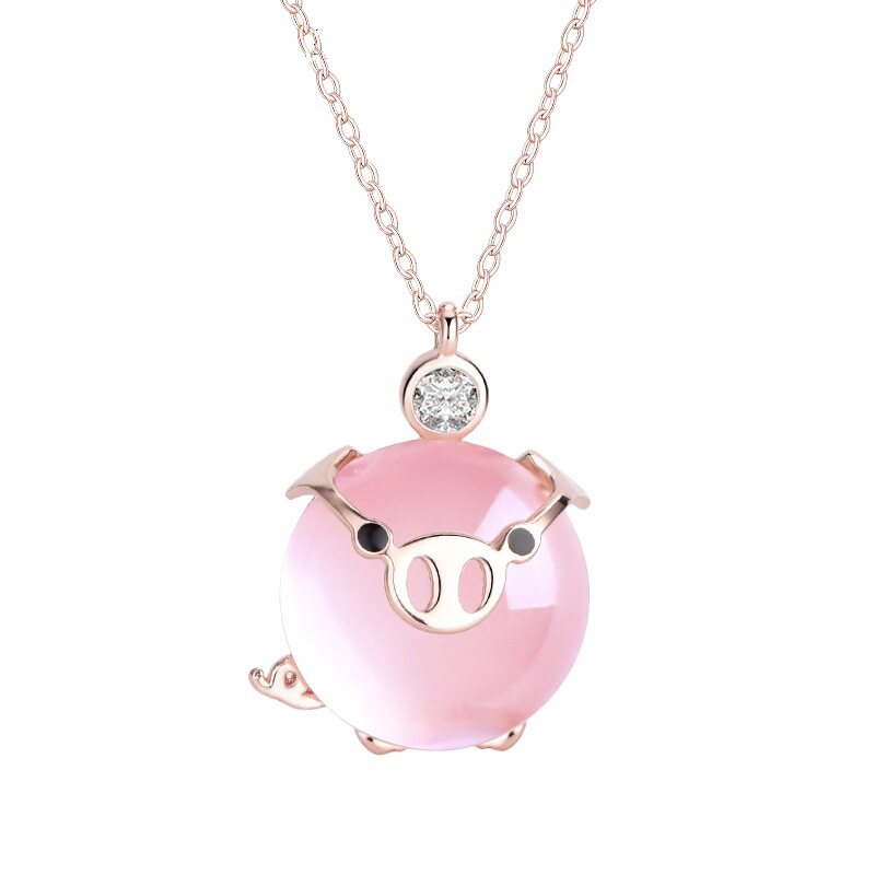 925银本命年小猪项链女锁骨链芙蓉石吊坠毛衣链猪年猪猪生肖饰品