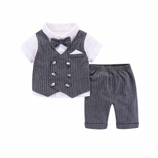 夏季薄款婴儿礼服宝宝纯棉绅士套装男孩满月百天周岁生日短袖衣服