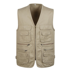 春秋新款纯棉布多口袋加大码多兜钓鱼摄影中老年马甲男款背心坎肩