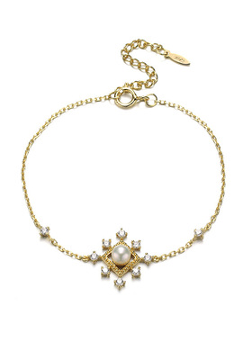 日系复古雪花锆钻银镀金淡水珍珠