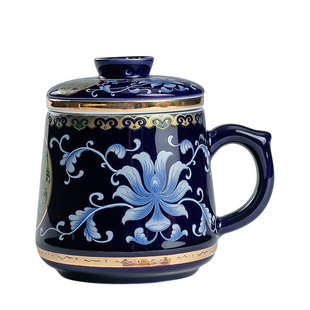 珐琅彩描金陶瓷水杯带过滤个人大容量茶杯茶水分离马克杯礼盒套装