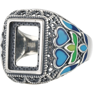 925纯银景泰蓝戒指空托女士戒托镶嵌蜜蜡绿松石掐丝珐琅银托10*14