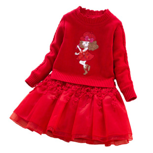 儿童纯棉红色毛衣裙小女孩冬款加绒女童连衣裙时尚小孩儿卡通针织
