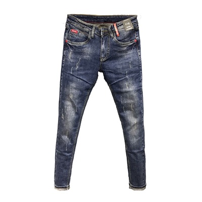 春夏潮男牛仔裤紧身深蓝社会小伙