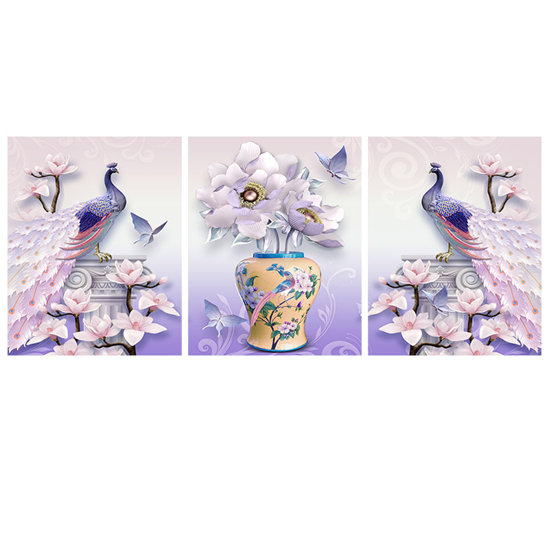 简欧客厅孔雀装饰画沙发背景墙挂画轻奢高级感欧式壁画大气三联画