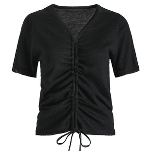 弥古绿色V领针织衫薄款短袖不规则短款t恤女夏季法式复古抽绳上衣