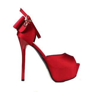 红色绸缎面宴会细高跟鞋中空一字凉鞋 鱼嘴蝴蝶结礼服婚鞋12-14cm
