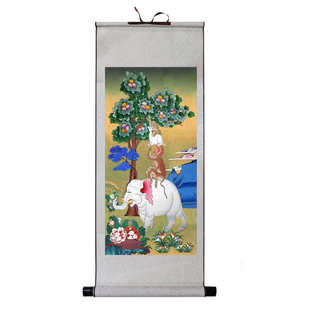 吉祥四瑞画像丝绸卷轴挂画新中式装饰画和睦祝福唐卡已装裱可定制
