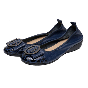 上海花牌平跟女鞋真皮圆头单鞋舒适软底百搭浅口平底一脚蹬妈妈鞋