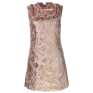 27-1琼楼家法国夏新款浅色碎花中长款提花连衣裙立领旗袍式礼服裙