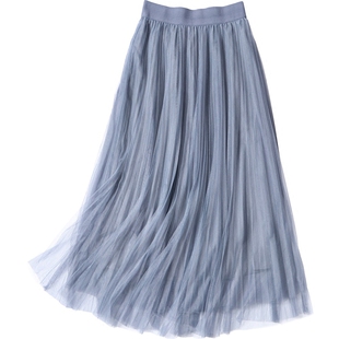 巴厘纱纱裙中长款百褶裙网纱半身裙女纯色修身显瘦仙女裙a字长裙