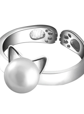 纯银猫耳朵戒指环送礼物淡水珍珠