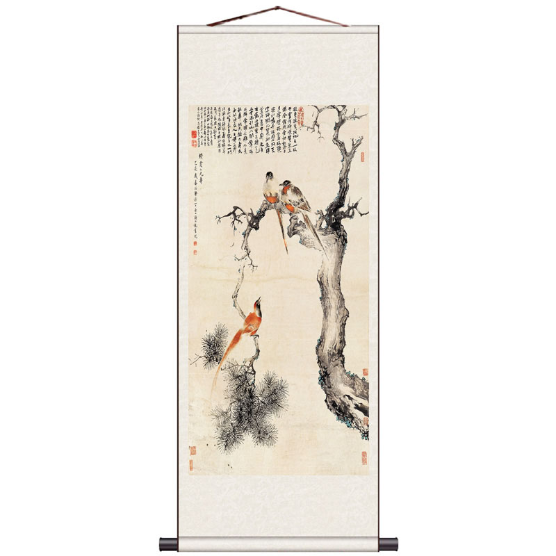 名家水墨画竹鸡图风水桃花喜鹊卷轴画中国风挂画竖版花鸟画九鱼图