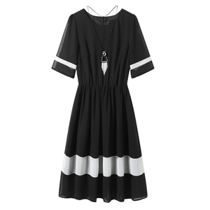 雪纺连衣裙女2023夏新款修身显瘦中长款拼色大码短袖仿真丝A字裙