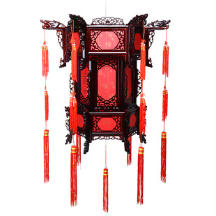 仿古木质宫灯饰实木制荷花灯笼莲花灯具东阳木雕六角中式复古吊灯