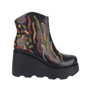 冠坤原创设计牛皮堆沙工艺民族风文艺休闲舒适坡跟圆头妈妈女短靴