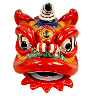 美陶新中式醒狮舞狮子头创意陶瓷摆件石湾公仔酒柜桌面装饰小摆设