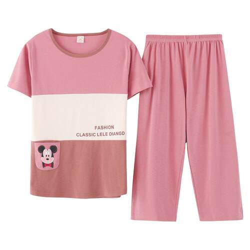 夏季睡衣女纯棉短袖七分裤夏天女士大码套装薄款全棉家居服两件套