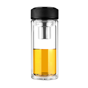 万象玻璃杯600ML特大号带盖双层隔热茶杯滤网透明男女士杯子V21S