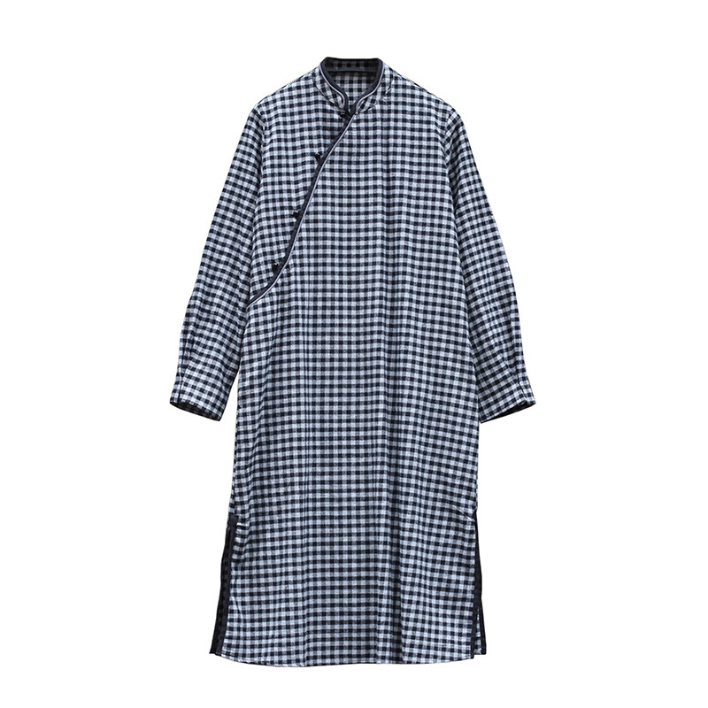 茶服棋盘格子旗袍舒适磨毛新中式