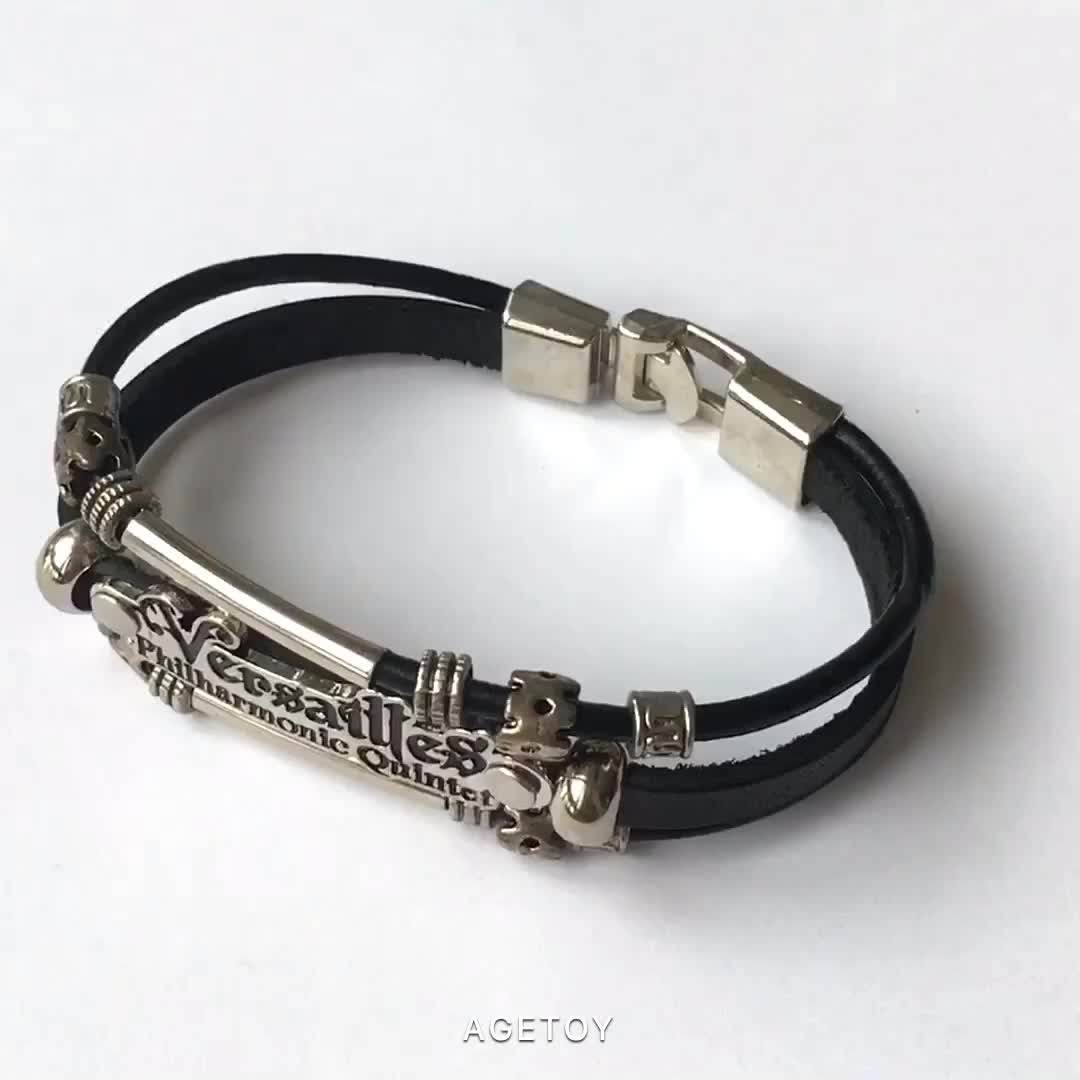 France Men Charm Jewelry Alloy Buckles Bracelet Punk Black Leather