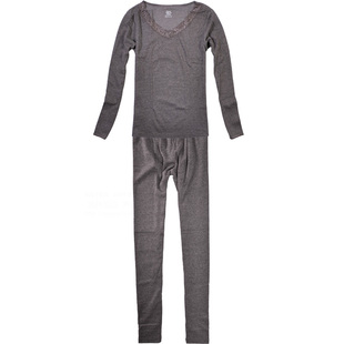 hanes恒适 长袖保暖内衣女套装薄款修身蕾丝打底秋衣裤MTW128-328