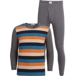 花雨伞男士新款加绒加厚保暖内衣条纹圆领膝盖双层保暖套装秋冬季