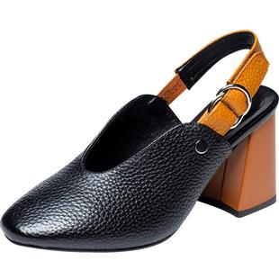 2026新款夏季复古包头凉鞋夏天女士粗跟高跟鞋软皮后空单鞋真皮鞋