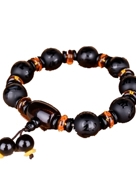 黑玛瑙原石六字真言磨砂单圈手串