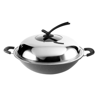 乐尚耐双耳圆底麦饭石不粘锅无油烟不生锈炒菜锅精铁锅燃气灶专用