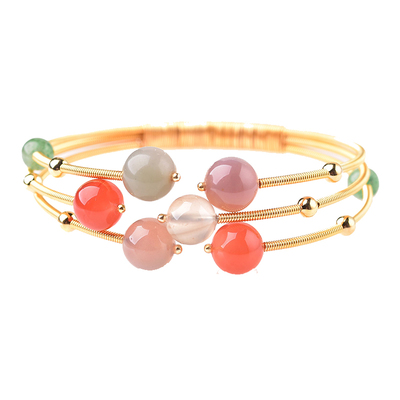 小众俄罗斯碧玉樱花玛瑙包金手镯