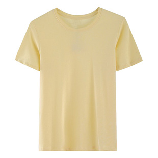 百思朵鹅黄色t恤女短袖淡黄色上衣奶油黄纯棉宽松糖果色打底衫女