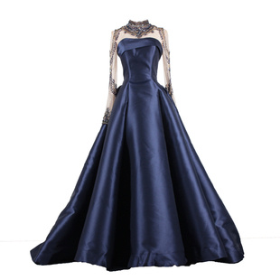 高端长袖钉珠晚礼服蓬蓬裙宴会走秀演出长裙年会晚会主持长裙敬酒