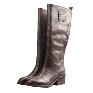 相伴冬季皮靴新款高筒靴真皮长靴长筒靴女靴民族风棕色粗跟靴子