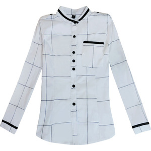 2023春装新款时尚百搭立领皮条格子衬衫修身显瘦弹力棉打底衫女装