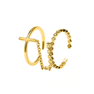 十字架双指指环戒指开口女时尚个性K金镶钻纯银带链条的连体套戒