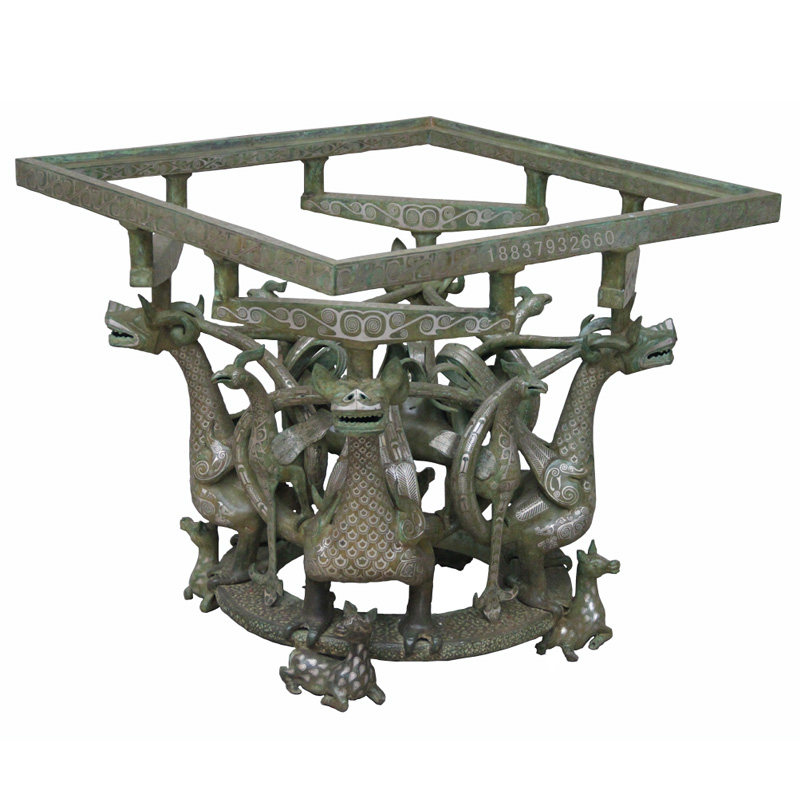 仿古青铜器错银龙凤方案 工艺品复古家具客厅茶几茶桌茶案摆件